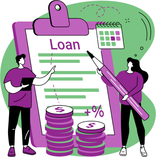 Drawing of a men and a women pointing at a loan document
